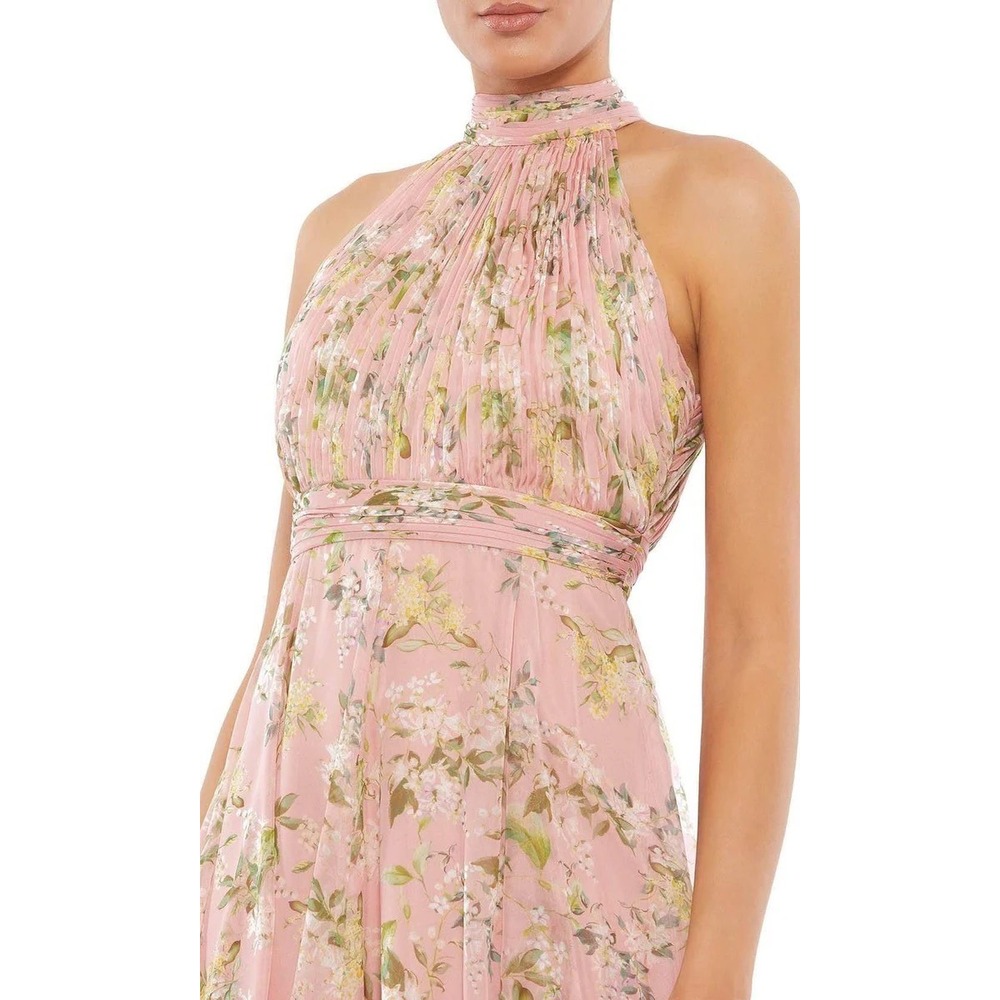 Ieena for Mac Duggal 55436 Pink Floral Chiffon Halter Handkerchief Hem Dress Sz4